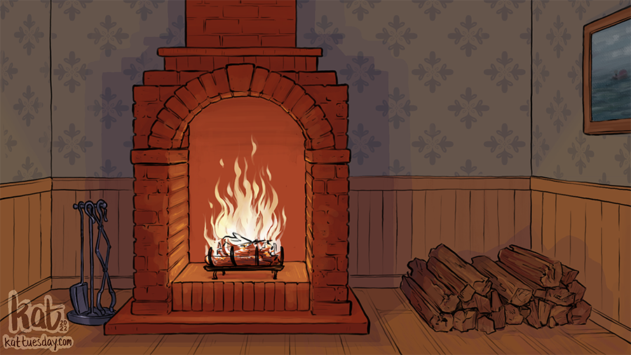 A cozy brick fireplace with a crackling fire
