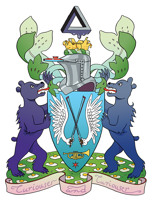 Crest, a melting Penrose triangle.
Torse, a crumpled paper crown. Helmet, with a kazoo in the visor. Mantling in light green. Supporters, purple and blue bears.
On a blue shield, a trumped and a Chicago flag star, above which two wings with hands hold crossed violin bows. A field of fried eggs.