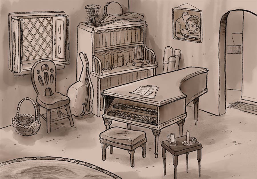 Seraphina Dombegh's room, complete with harpsichord, oud, and an image of Saint Capiti