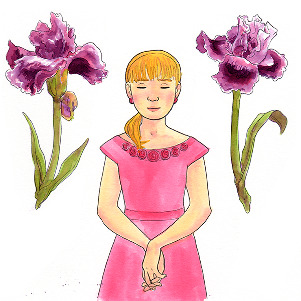 a teenage girl, in her Sunday church dress, flanked by irises