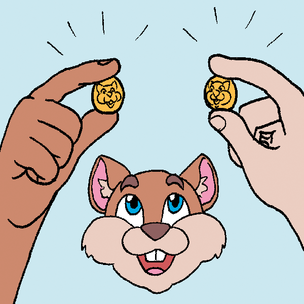 two hands, each holding a coin, while a suspicious cartoon chipmunk head looks on